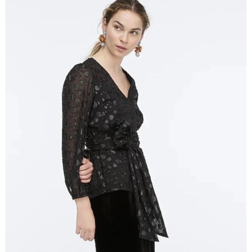 NWT J.Crew Black Metallic Silver Chic Glam Jacquard Dot Tie Waist Wrap Top S Bow